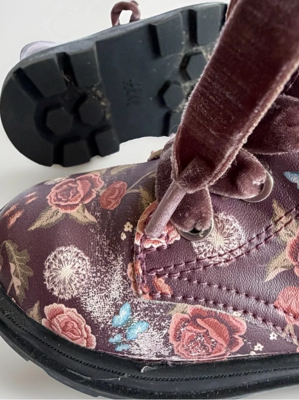 H&M Toddler Girls Floral Combat Boots Sz 6.5 Velvet Ribbon Laces Lug Sole Zipper